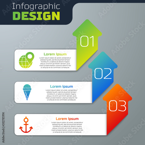 Set Location on the globe, Ice cream in waffle cone and Anchor. Business infographic template. Vector.