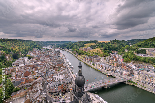 Vista area di Dinant attraversata dal fiume Mosa, Dinant, Belgio photo