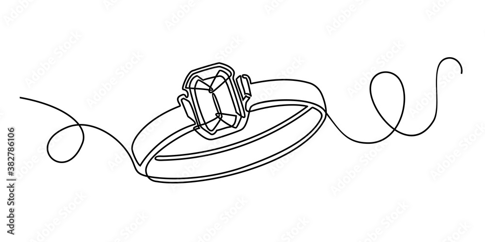 Continuous line drawing. Ring with stone. Valentine s day. Template for love cards and invitations. Isolated on white background. Hand drawn vector illustration.