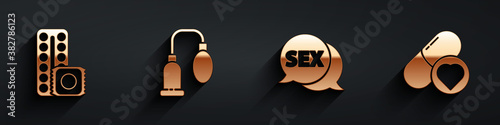 Set Birth control pills and condom, Penis pump, Speech bubble with Sex and Pills for potency, aphrodisiac icon with long shadow. Vector.