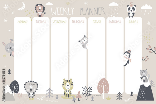 Weekly planner with cute doodle animals in scandinavian style. Adorable forest wildlife. Various hand drawn wild animals and plants.