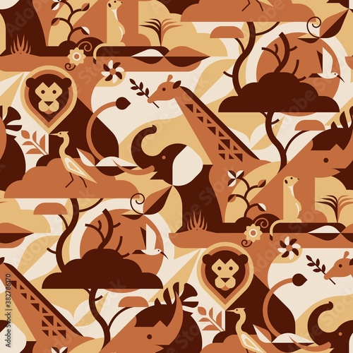 African savanna seamless pattern with lion, birds, rhino, suricate or meerkat, giraffe, elephant, leaves and flowers. Perfect for camouflage fabric, textile, wallpaper. Animal design pattern.