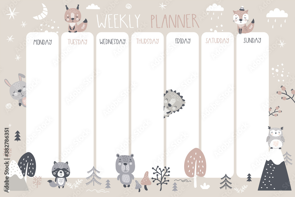 Weekly planner,daily planner with cute wild animals. Adorable forest ...