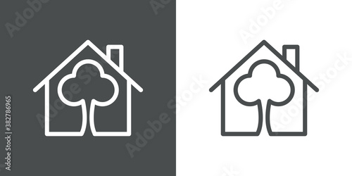 Concepto casa verde. Ecología. Icono plano lineal casa con árbol en fondo gris y fondo blanco
