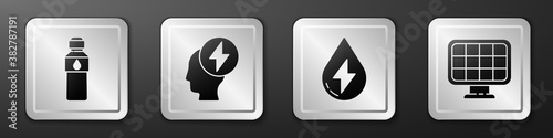 Set Bottle of water, Head and electric symbol, Water energy and Solar energy panel icon. Silver square button. Vector.