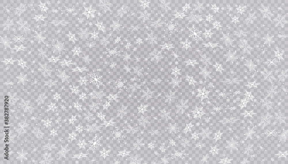 White snow flies on a transparent background. Christmas snowflakes. Winter blizzard background illustration.