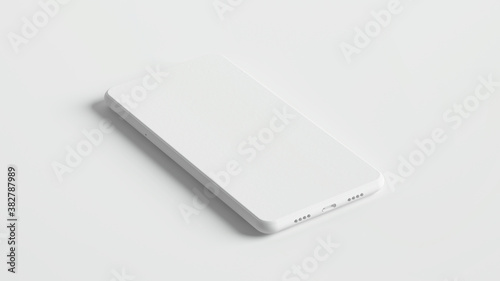 White smartphone mock up on white background. White clay 3d rendering
