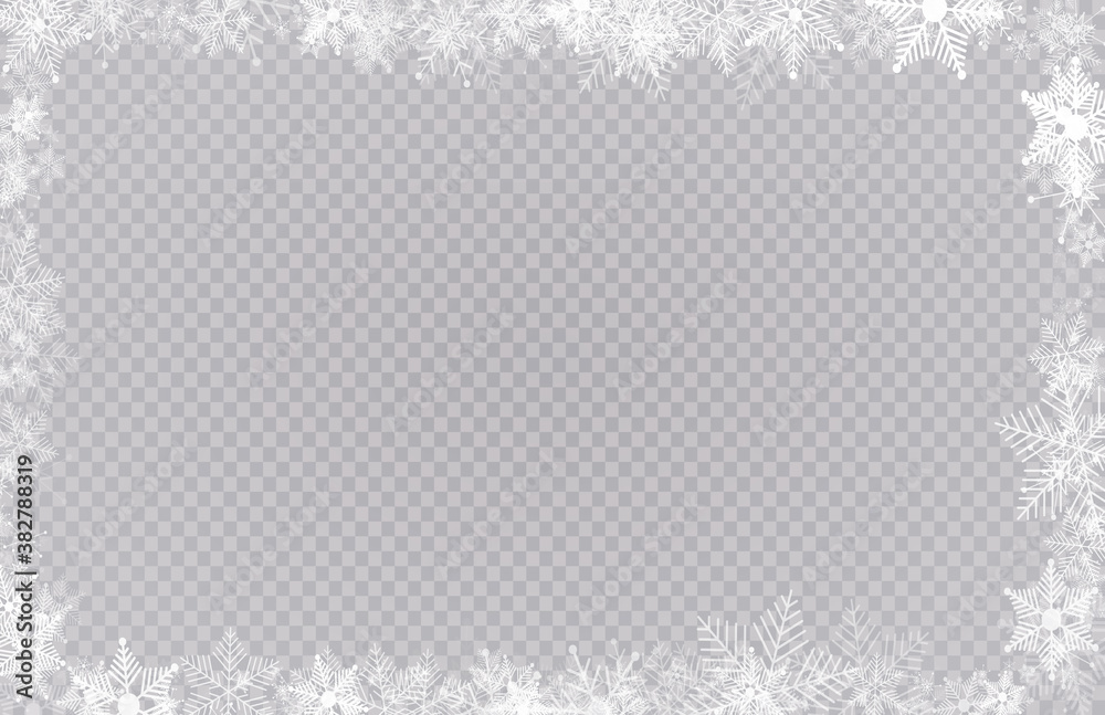 Rectangular winter snow frame border with stars, sparkles and snowflakes on transparent background. Festive christmas banner, new year greeting card, postcard or invitation vector illustration