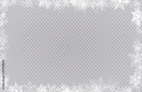 Rectangular winter snow frame border with stars, sparkles and snowflakes on transparent background. Festive christmas banner, new year greeting card, postcard or invitation vector illustration