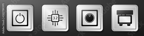 Set Electric light switch, Processor with microcircuits CPU, Electric light switch and Fuse icon. Silver square button. Vector.