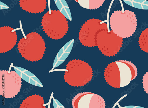 Seamless pattern of pink and red lychee background elements on a blue background. Colorful background texture for kitchen, wallpaper, textile, fabric, paper. Vegan food pattern. Hand-drawn.
