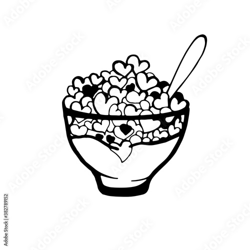 A bowl of breakfast cereal,milk, and a spoon. Cornflakes in the form of a heart. Vector illustration isolated on a white background. The style of Doodle. For the design of advertising products.