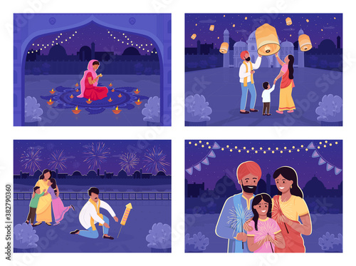 People celebrate Hindu holiday flat color vector illustration set. Traditional festival with lanterns. Indian relatives 2D cartoon characters with nighttime cityscape on background collection