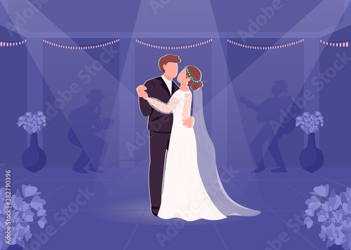 First bride and groom dance flat color vector illustration. Wedding party. Night entertainment. Spotlight on couple on dancefloor. Groom and bride 2D cartoon characters with musical band on background
