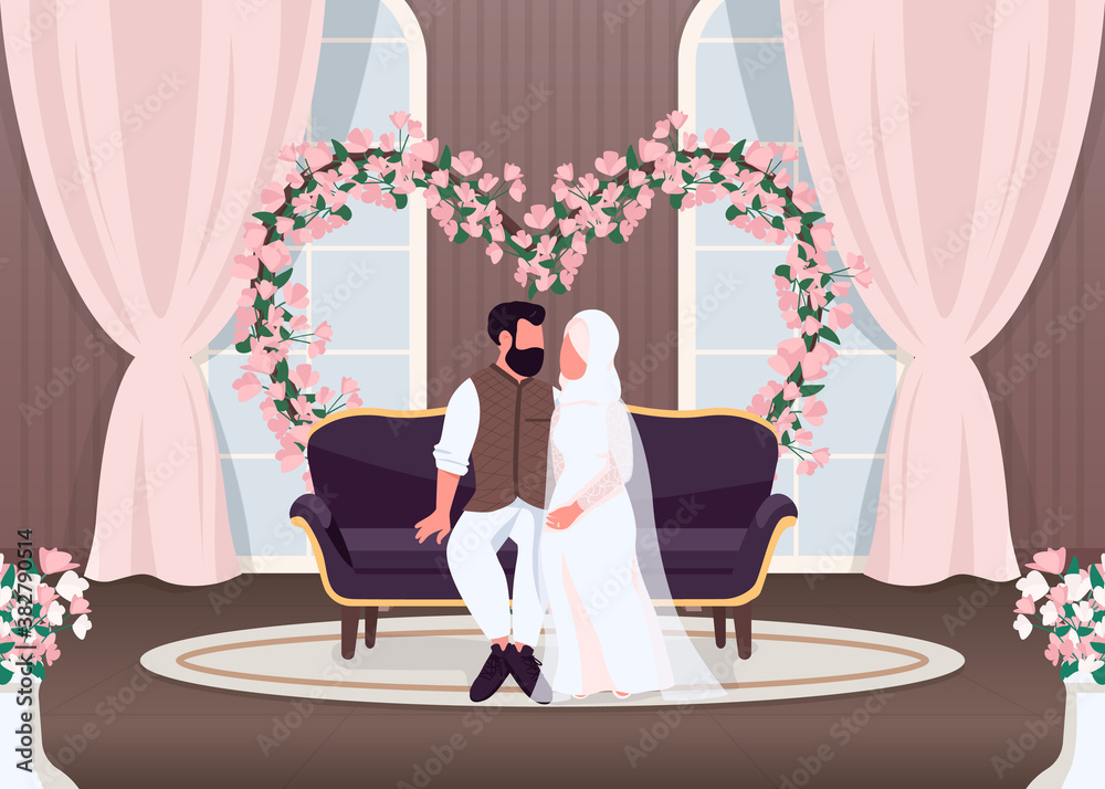 Islam newlyweds flat color vector illustration. Bride and groom on sofa.  Wife and husband sit on couch. Floral arch wedding decoration. Muslim  couple 2D cartoon characters with interior on background Stock Vector |