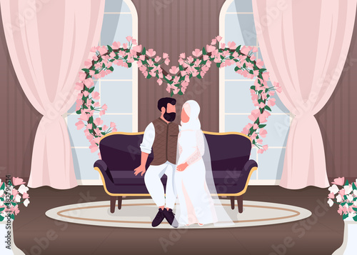 Islam newlyweds flat color vector illustration. Bride and groom on sofa. Wife and husband sit on couch. Floral arch wedding decoration. Muslim couple 2D cartoon characters with interior on background