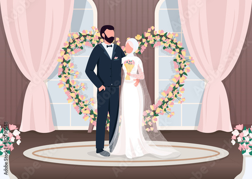 Muslim newlyweds flat color vector illustration. Bride and groom near luxury photozone. Floral arch wedding decoration. Islam couple 2D cartoon characters with interior on background