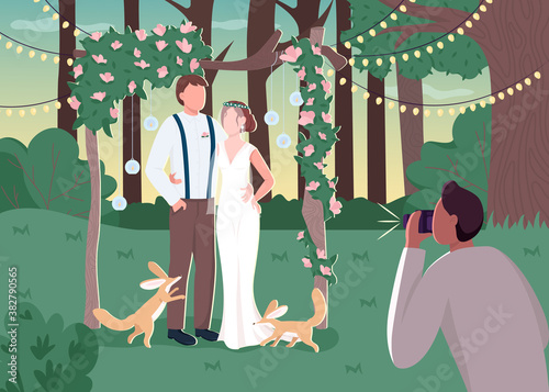 Newlywed couple in rustic photozone flat color vector illustration. Rural wedding ceremony. Photographer service for event. Bride and groom 2D cartoon characters with landscape on background