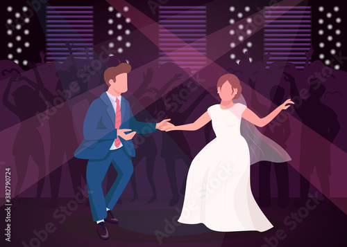 Wedding night party flat color vector illustration. Newlyweds dance in nightclub. Dancefloor for celebratory entertainment. Bride and groom 2D cartoon characters with crowd on background