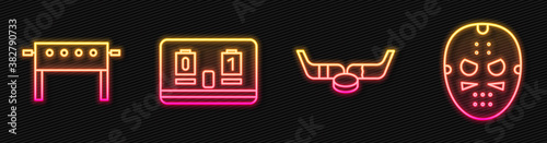 Set line Ice hockey sticks and puck, Hockey table, Hockey mechanical scoreboard and Hockey mask. Glowing neon icon. Vector.