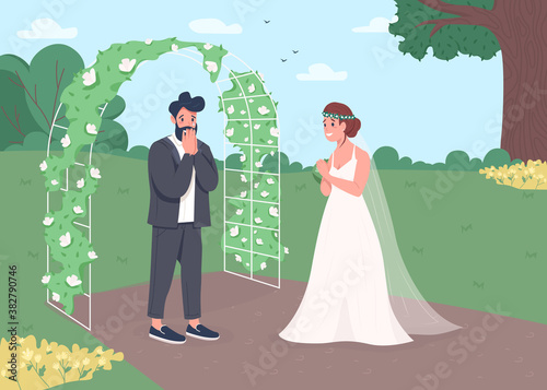 Engagement ceremony flat color vector illustration. Wedding reception. Flower arch for matrimony ceremony. Surprised groom and happy bride 2D cartoon characters with landscape on background