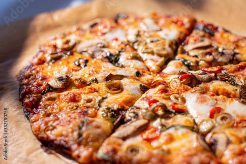 closeup of home made pizza