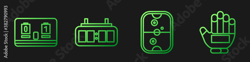 Set line Air hockey table, Hockey mechanical scoreboard, Hockey mechanical scoreboard and Hockey glove. Gradient color icons. Vector.