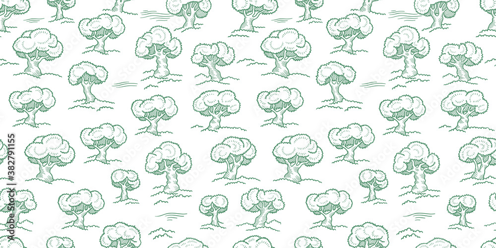 Tree forest pattern. Orchard garden wrapper seamless background. Light green color engraved sketch. Line contour. Vector Illustration.