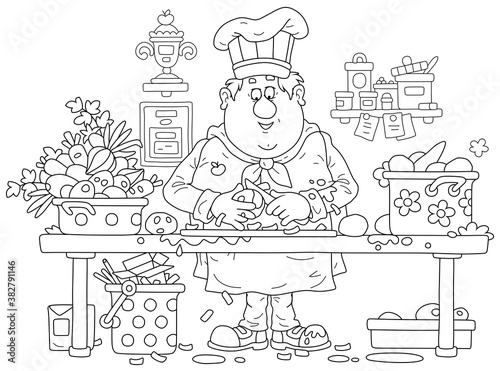 Funny fat cook in a chef hat and uniform, standing at his kitchen table and peeling fresh vegetables for cooking delicious meals, black and white outline vector cartoon illustration