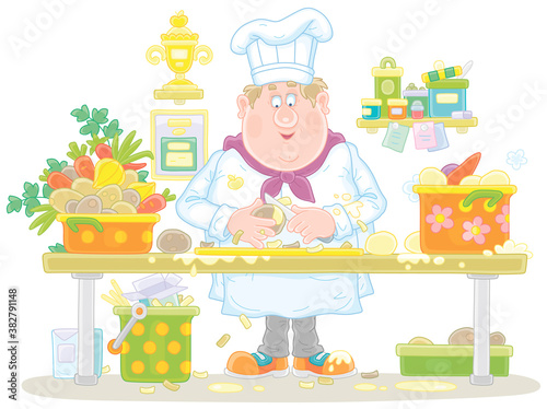 Funny fat cook in a white hat and uniform, standing at his kitchen table and peeling fresh vegetables for cooking delicious meals, vector cartoon illustration on a white background