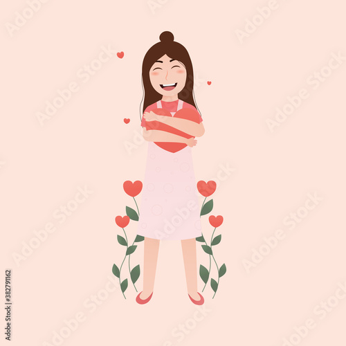 Self care and love concept with cute girl holding heart and love flowers on pink background in cartoon style for posters
