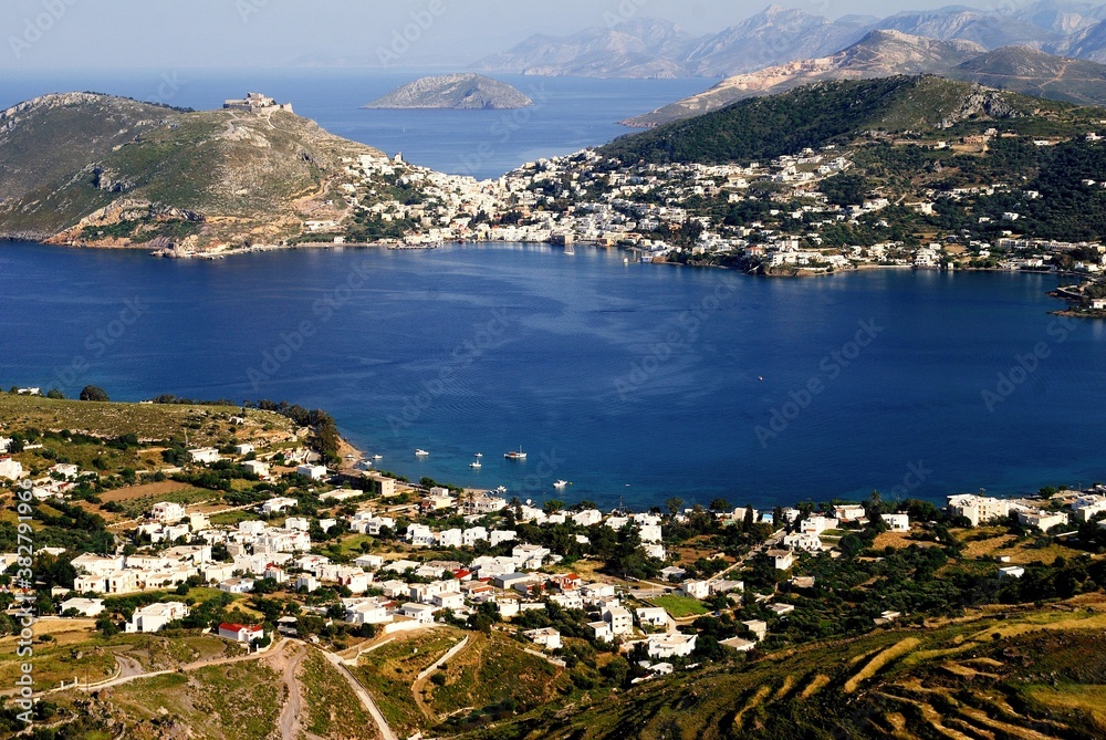 View of Alinda village with Agia Marina town in the background in Leros island, Greece.