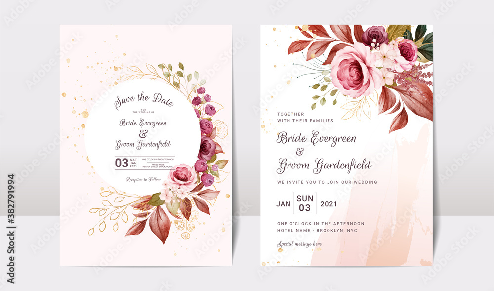 Floral wedding invitation template set with gold burgundy and brown roses flowers and leaves decoration. Botanic card design concept