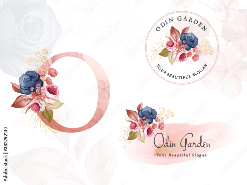 Logo set of navy and brown watercolor floral for initial O, round, and ...