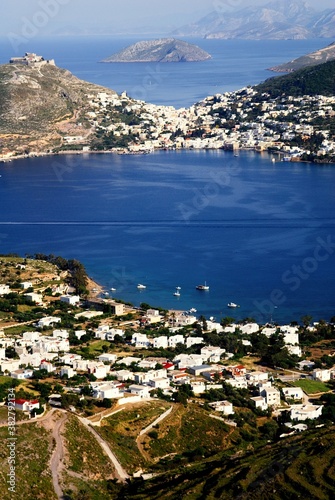 View of Alinda village with Agia Marina town in the background in Leros island, Greece. © Theastock