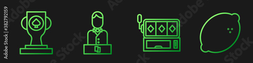 Set line Slot machine, Casino poker trophy cup, Casino dealer and Casino slot machine with lemon. Gradient color icons. Vector.
