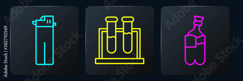 Set line Lighter, Bong for smoking marijuana and Test tube and flask. Black square button. Vector.