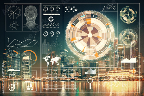 Photography Data theme hologram drawing on city view with skyscrapers background multi exposure