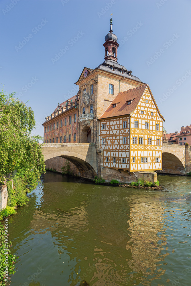 Close up of the Old Town Hall with the Upper Bridge built over the Regnitz River