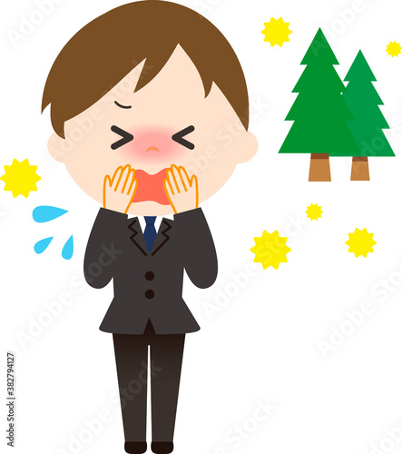 男性　スーツ　くしゃみ　花粉