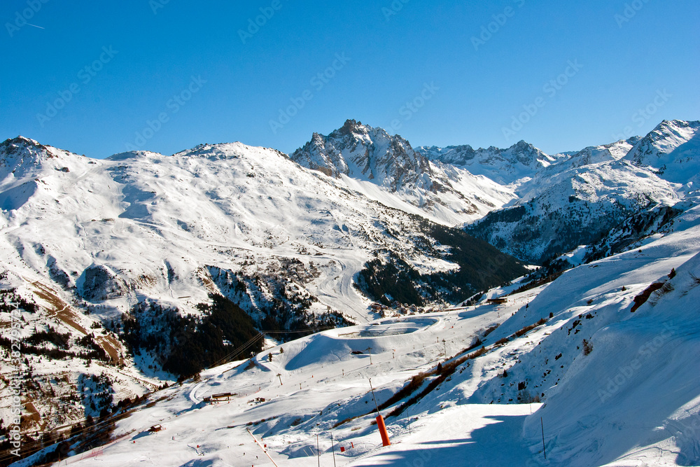 Fototapeta premium Meribel Mottaret Les Trois Vallees 3 Valleys ski area French Alps France