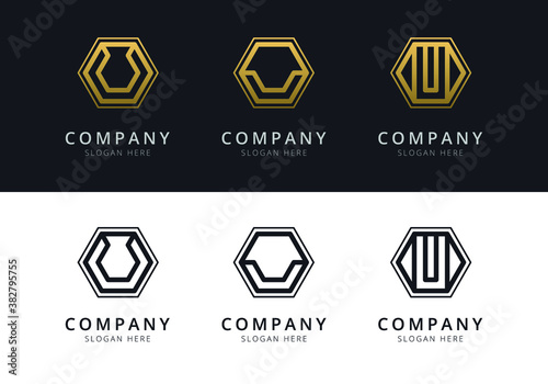 Initial U logo inside hexagon shape in gold and black color