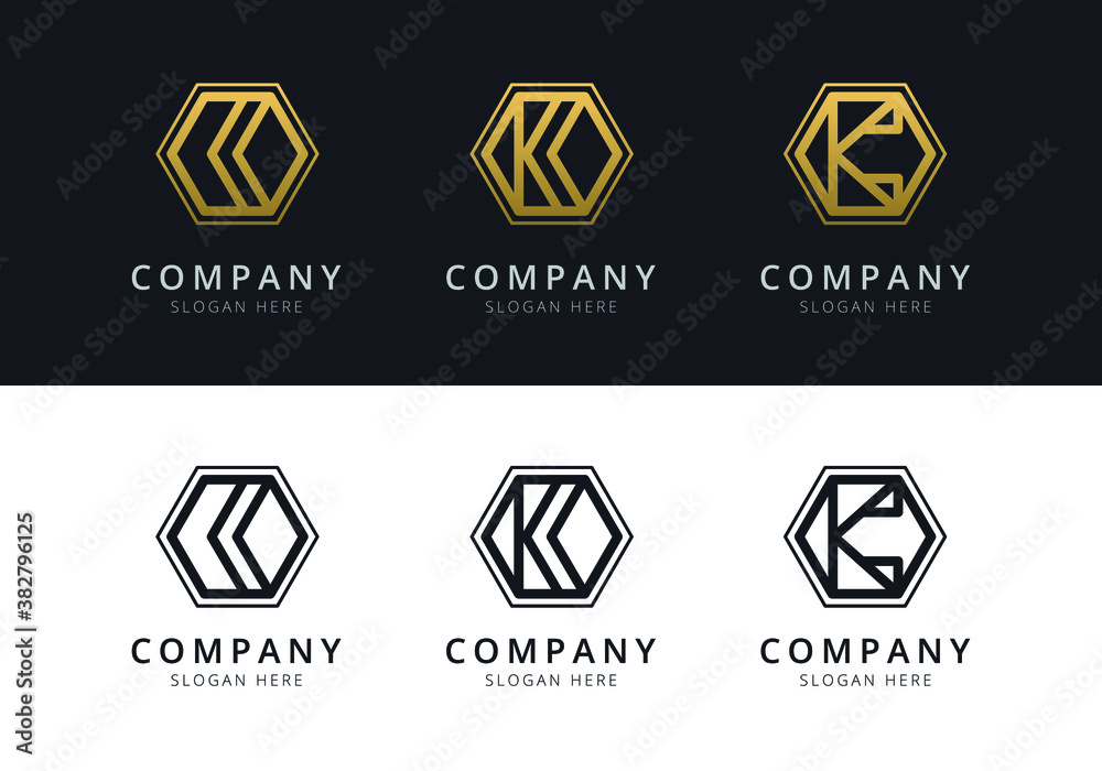 Initial K logo inside hexagon shape in gold and black color Initial K logo inside hexagon shape in gold and black color