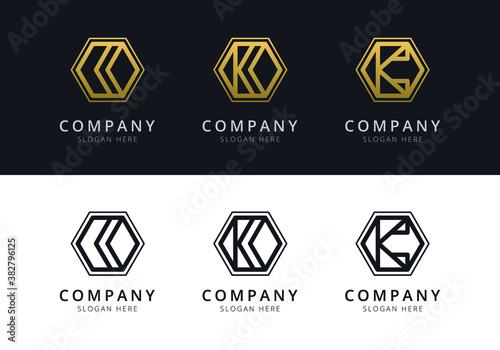 Initial K logo inside hexagon shape in gold and black color