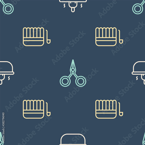 Set line Bathtub, Sauna bucket and ladle and Scissors on seamless pattern. Vector.