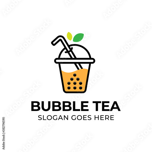 modern bubble drink tea with leaf logo design, vector template