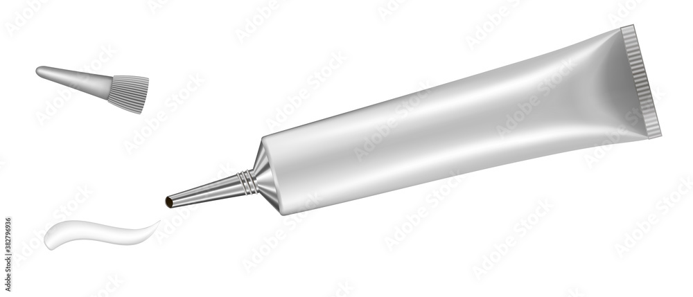 Single silver tube with long nozzle. Cream splash. Serum or ointment. Gel. Vector illustration isolated on a white background.