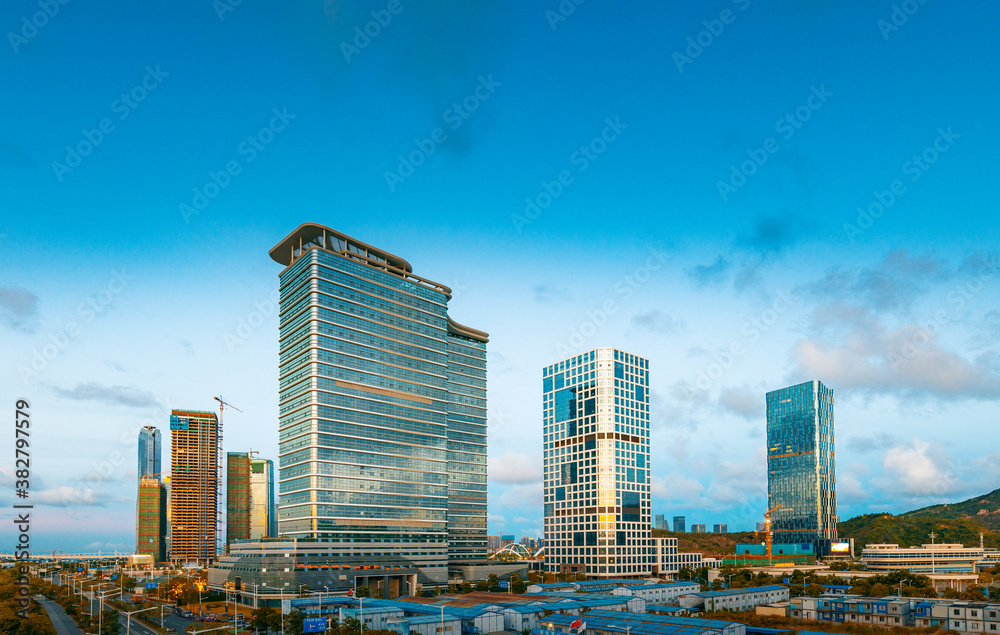 Fototapeta premium Aerial view of Hengqin Free Trade Zone, Zhuhai City, Guangdong Province, China