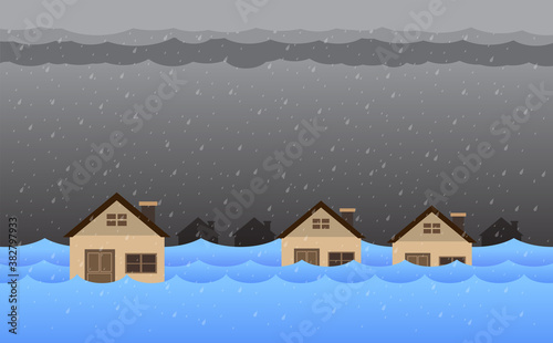 Flood natural disaster with house, heavy rain and storm , damage with home, clouds and rain, flooding water in city, Flooded house.