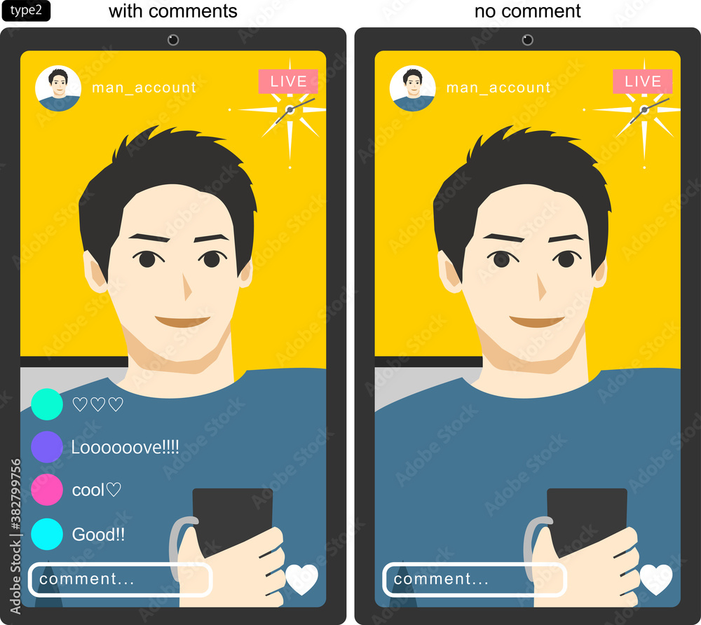 Snsのライブ配信をする若い男性を画面越しに見たイラスト2 線なし コメントありなし版 Vektornyj Obekt Stock Adobe Stock